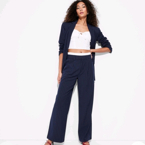 Women's High-Rise Wide Leg Boxer Trousers - Wild Fable Navy Blue Pinstripe XL - Picture 1 of 14